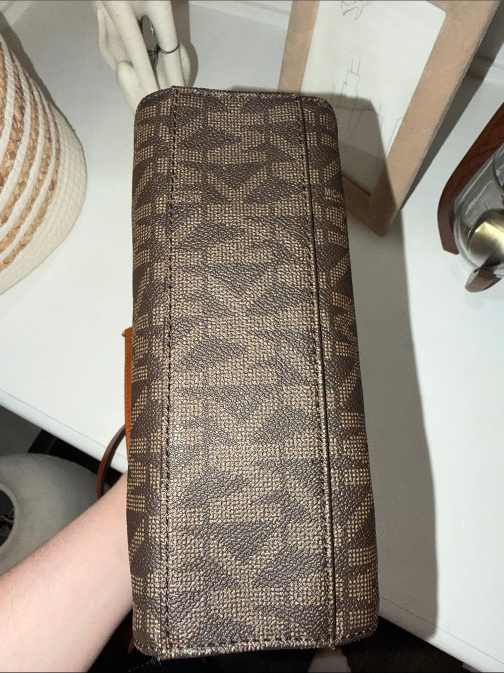 Michael Kors Brown MK Monogram Crossbody with Tan Strap and Gold Hardware